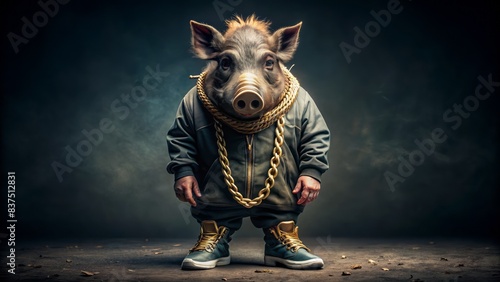 Stylish boar dressed in hip-hop attire, gold chain and sneakers, standing confidently on a dark background, perfect for commercial or editorial use, surreal concept.