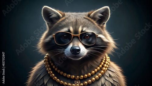 Stylish raccoon in hip-hop fashion, donning gold chain and sunglasses, poses confidentally on dark background, commercial and editorial uses.