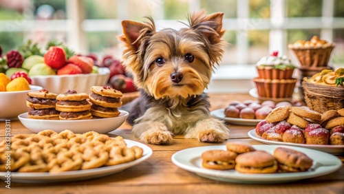 Adorable yorkshire terrier puppy sneaking up to steal freshly baked cookies from a colorful, artistically arranged dessert table setting.