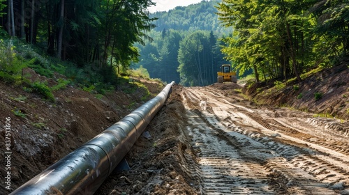 Pipeline construction in forested area - Image showing a newly installed pipeline along a cleared pathway with forestry equipment