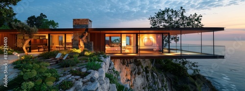 Contemporary, cantilevered house perched on the edge of a cliff with panoramic views generated by AI