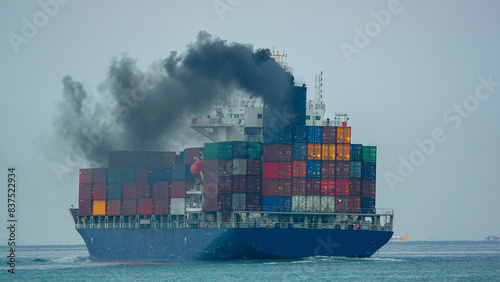 Smoke exhaust gas emissions carbon dioxide from cargo lagre ship container ship,Marine diesel engine exhaust gas from combustion, Gas Emission Air Pollution from transportation. green house effect Eco