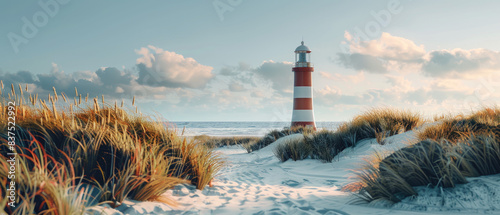 A red and white lighthouse stands on the sandy beach of Sylt, surrounded by sand dunes with green grasses