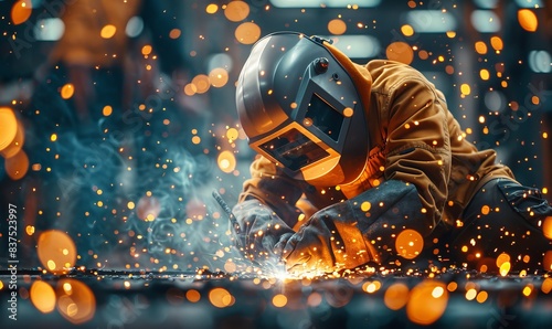 Welder with sparks flying, showcasing a skilled trades person working on a metal fabrication project wearing safety gear , welding industry concept, Generative AI 