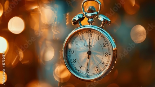 Vintage pocket watch with bokeh lights - A close-up of an antique pocket watch suspended in the air with a blurred background of warm bokeh lights