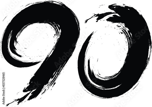 number 90 with paint brush strokes, number Vector paintbrush, 90 ,Number ,grunge brush freestyle font, designed using black and white handwriting line shape, logo, symbol, icon, graphic, vector.