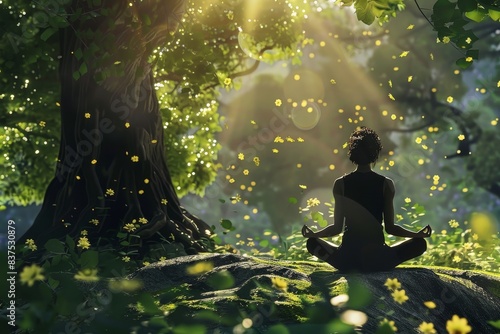 A person meditating in a serene garden, their body rooted to the earth generated by AI