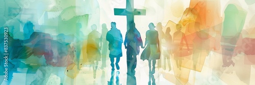 Abstract watercolor crowd and cross - A conceptual watercolor blending of a cross and a silhouette of a crowd representing spirituality