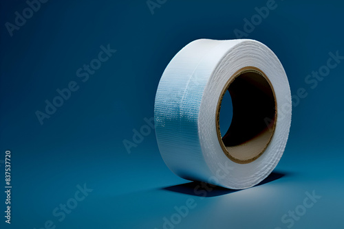 A single roll of toilet paper unrolled on a blue background