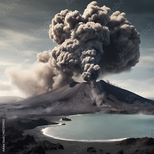 Volcanic island featuring ash clou_esrgan and a boiling crater 