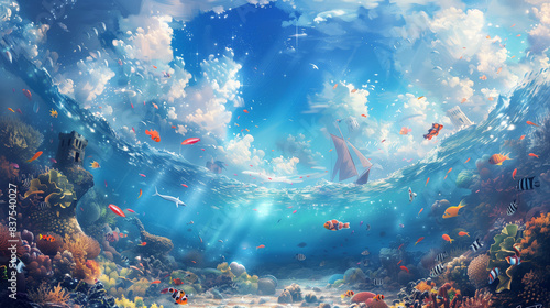beautiful tropical underwater with pure clouds and shimmering light on a clear blue sky