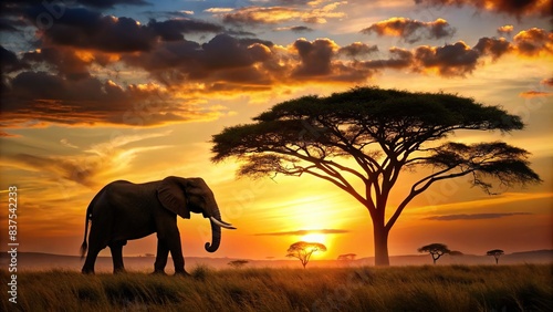 Silhouette of an elephant on safari at sunset amidst African wildlife and trees , sunset, elephant, safari, Africa, trees, wildlife, silhouette, sun, dusk, majestic, majestic, nature, wild