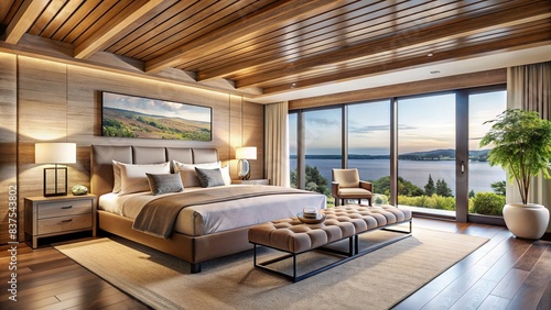 Modern contemporary bedroom with neutral colors, wood ceiling, and water view , bedroom, modern, contemporary, neutral colors, wood ceiling, water view, tranquil, cozy, minimalist, design