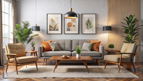 Mid century modern living room with elegant sofa, framed artwork, table, and accessories , mid century, interior design, modern, living room, elegant, sofa, framed artwork, table