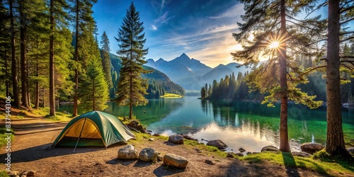Beautiful camping spot in the forest beside a large lake surrounded by trees and mountains