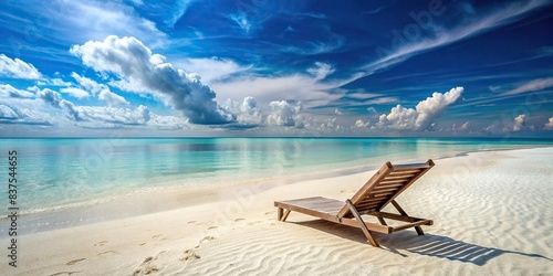 A serene image of an empty sun lounger chair on a pristine white sandy beach by the sea, with shallow water, perfect for a vacation getaway