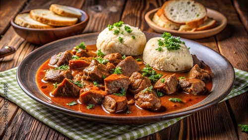 Czech beef goulash with bread dumplings and parsley on a rustic plate