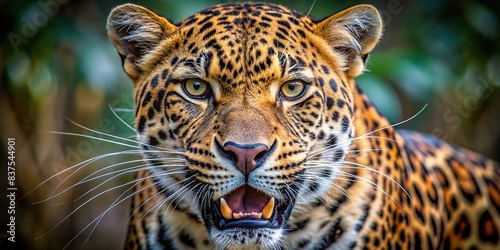 Close up portrait of a fierce and roaring leopard