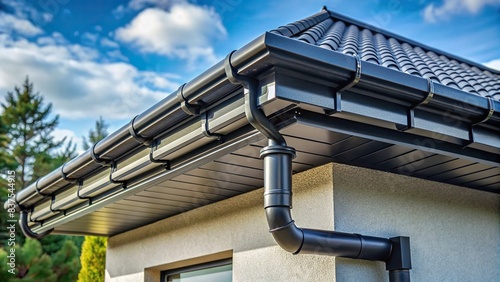 Modern black metal rain gutter system mounted on a sleek roof