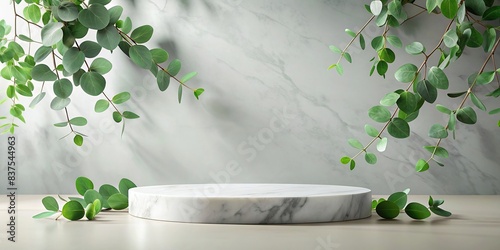 Empty marble podium with fresh green eucalyptus branches in background, ideal for cosmetic product advertising