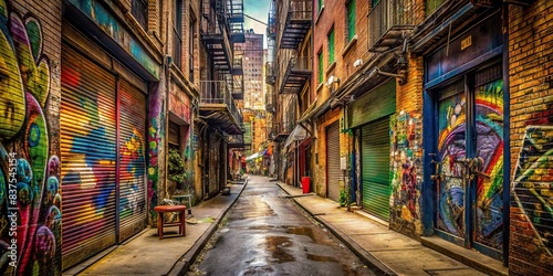 Deserted urban alleyway with graffiti covered walls and abandoned storefronts