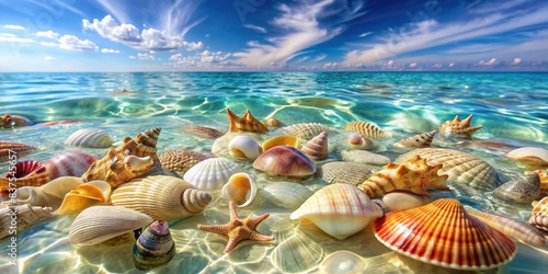 sea shells in clear water background perfect for natural cosmetic beauty, sun protection, and spa product advertisements