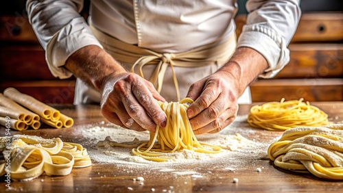 Close-up of a chef's hand expertly making pasta on a kitchen table with flour and fresh handmade pasta