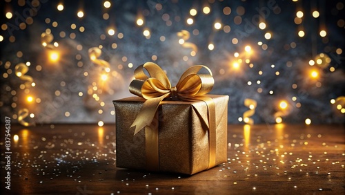 Mysterious gift box with question marks and golden bow on dark background with bokeh lights