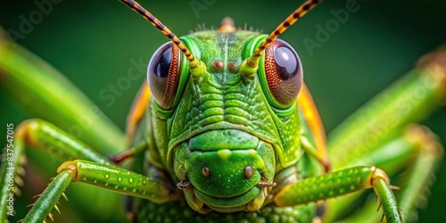 Macro photography portrait of a detailed green grasshopper face