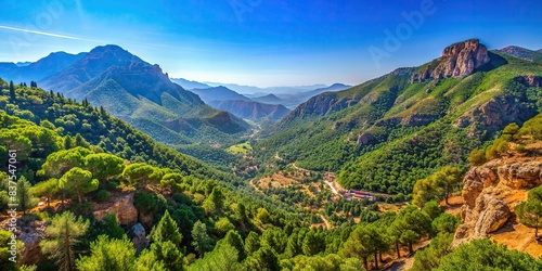 Scenic view of Taza National Park in Jijel, Algeria with mountains, trees, and a clear blue sky in the background