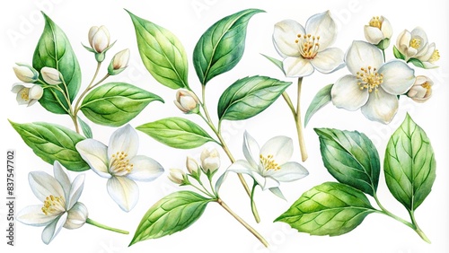 Set of jasmine flowers watercolor clipart isolated on white background