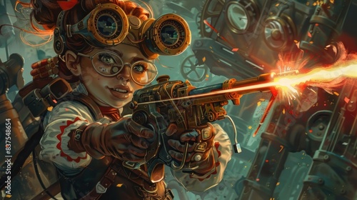 trading card, high detailed illustration, engineer welder, crossbow, mine, attractive gnome female, glasses, laser beam, steel, steampunk