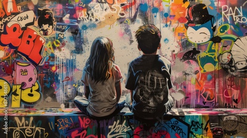 a painting of a boy and a girl are sitting together centre with their backs at the. They are dreaming and looking to R ome, cartoon characters and luxury brands logos are around them, spray paint,
