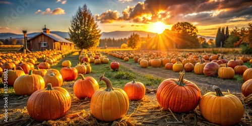 Pumpkin farm in the golden hour on Halloween orange pumpkins, sunshine, decorations, holiday