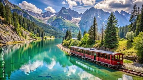 Alpine sightseeing train running around serene lake