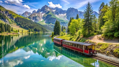Alpine sightseeing train running around serene lake