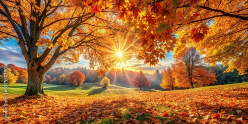 Beautiful autumn landscape with orange leaves and beaming sun