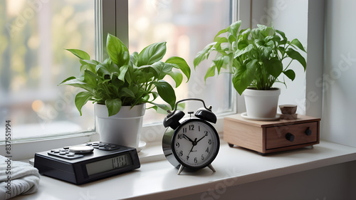 Bedside, window sill, fresh green plants outside the window, alarm clock on the windowsill, fresh