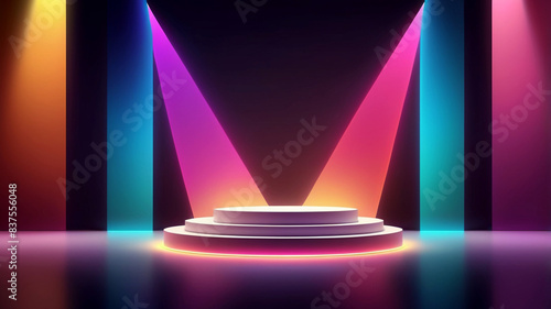 Stage with Colorful Light Beams Radiating in Background