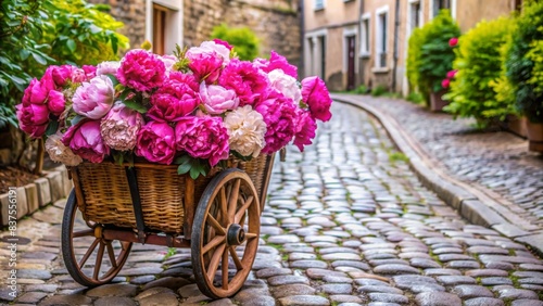 Cart filled with peonies crossing a quaint cobblestone street, peonies, flowers, cart, street, cobblestone, rustic, vintage, quaint, town, nature, floral, bloom, outdoors, beauty, spring