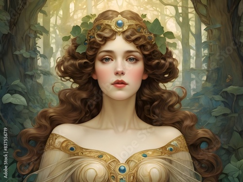 Golden Forest Lady Portrait Klimt Inspired Art