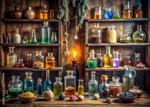 of occult magic magazine and shelf with potions, bottles, poisons, crystals, and salt. Alchemical medicine concept , occult, magic, magazine, shelf, potions, bottles, poisons, crystals
