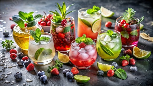A refreshing and colorful spread of classic cocktails and mocktails garnished with berries, lime, herbs, and ice , Cocktails, drinks, long glasses, mocktails, highballs, berries, lime, herbs