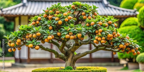 Japanese medlar tree with detailed render , Japanese medlar, tree,render, botanical, fruit, nature, green, leaves, branches, garden, orchard, landscape, Asian, exotic, plant, growth, foliage