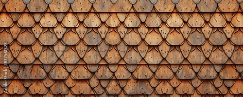 Traditional ecological consistent cladding of a wall with wooden larch fish scales, wood shingles, clapboard, clapboard texture background banner panorama 3D scindula in, Generative AI