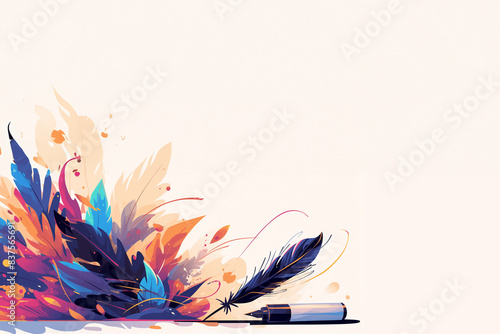 ustensiles de calligraphie, feutre et plume de calligraphie devant le dessin d'un bouquet de plumes colorées sur un fond crème avec espace négatif copyspace