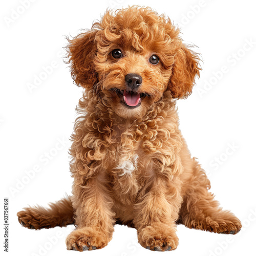 Adorable curly haired brown puppy sitting and smiling, isolated on a white background. Perfect image for pet and animal lovers., transparent background