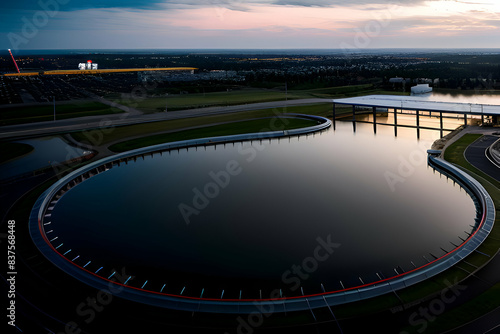 Aerial view of modern industrial sewage treatment plant at sunset.