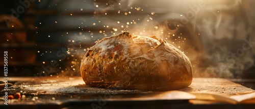 bread with golden crust, placed on the right side of a wooden board, with a dramatic background of white flour and smoke sparks