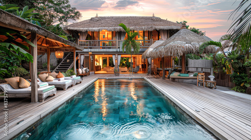 the tropical poolside retreat during the golden hour, with the lighting adding warmth and enhancing the textures of the thatched roofs and wooden deck